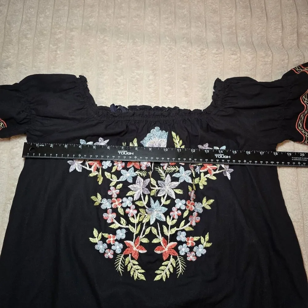 Free People Black Fleur Du Juor Off Shoulder Shift Mini Dress XS Cotton Pockets
